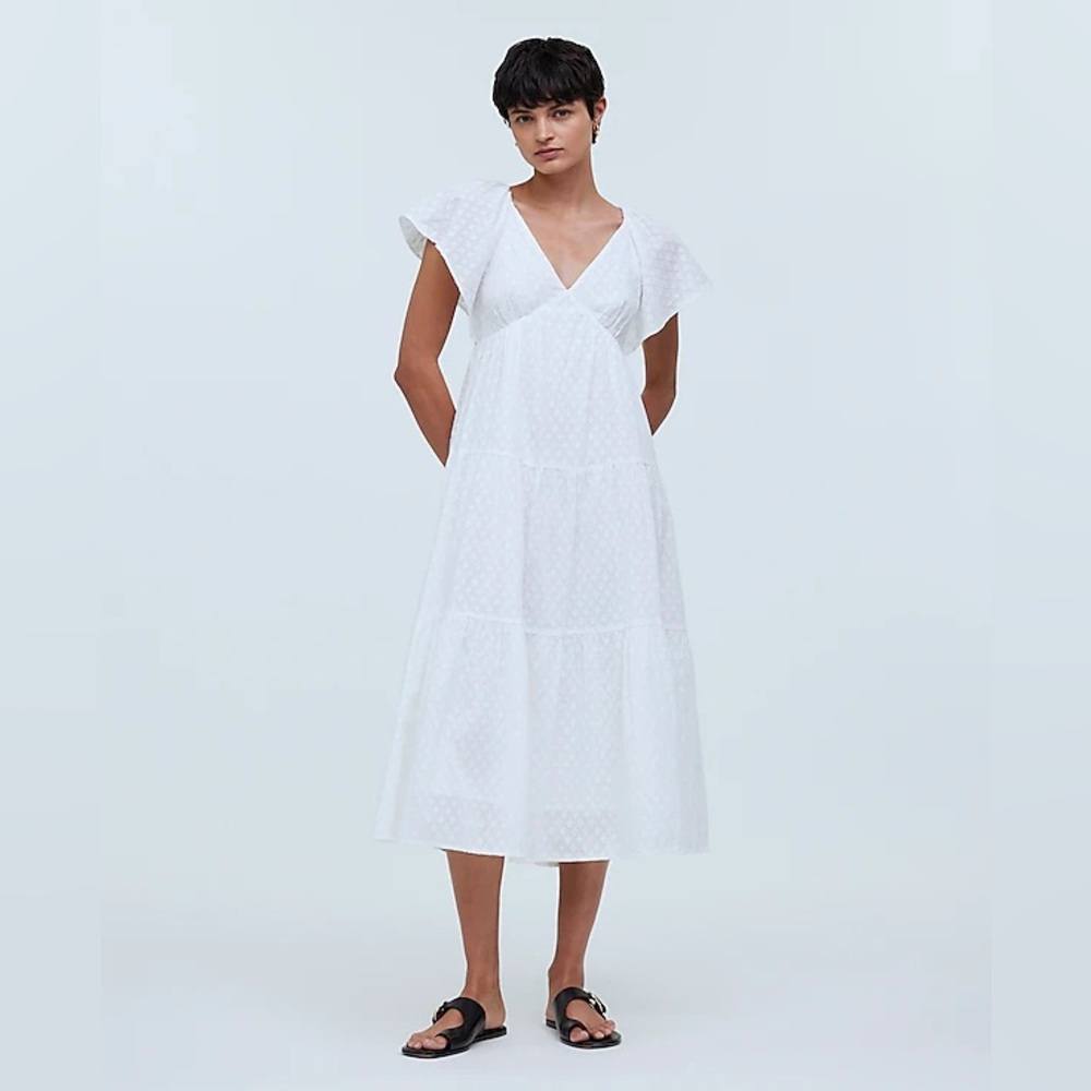 🔥🔥🔥NEW Madewell Soft White Tie-Back Flutter-Sleeve Tiered Midi Dress